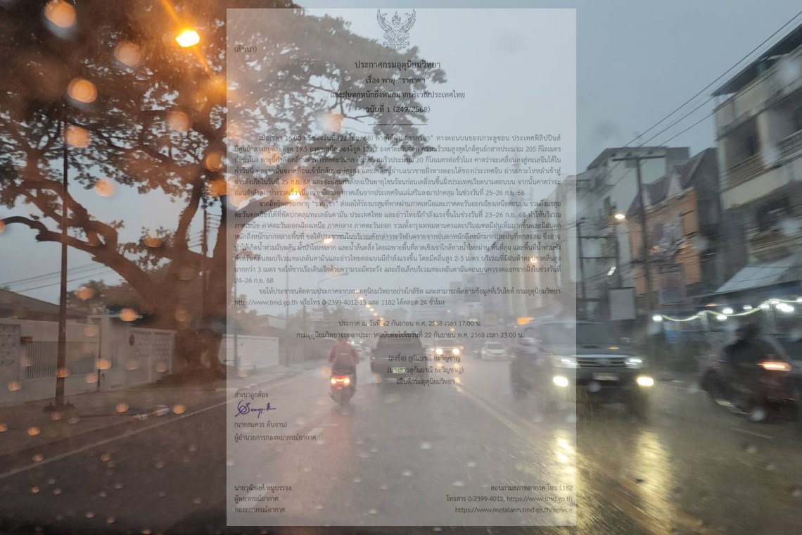 ฝนตกหนักทั่วประเทศ! อุตุฯ ออกประกาศฉบับ 1 พายุ “รากาซา” ถล่มไทย 23–26 ก.ย.นี้