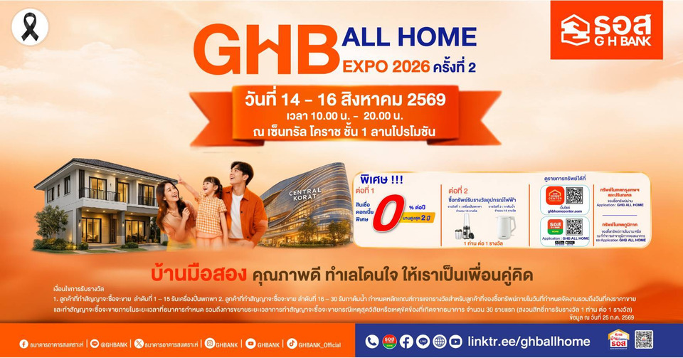 ธอส. ยกทัพทรัพย์มือสองทั่วไทยกว่า 1,500 รายการ บุกโคราช โปรฯสินเชื่อดบ. 0% สูงสุด 2 ปี มหกรรม GHB ALL HOME EXPO 2026