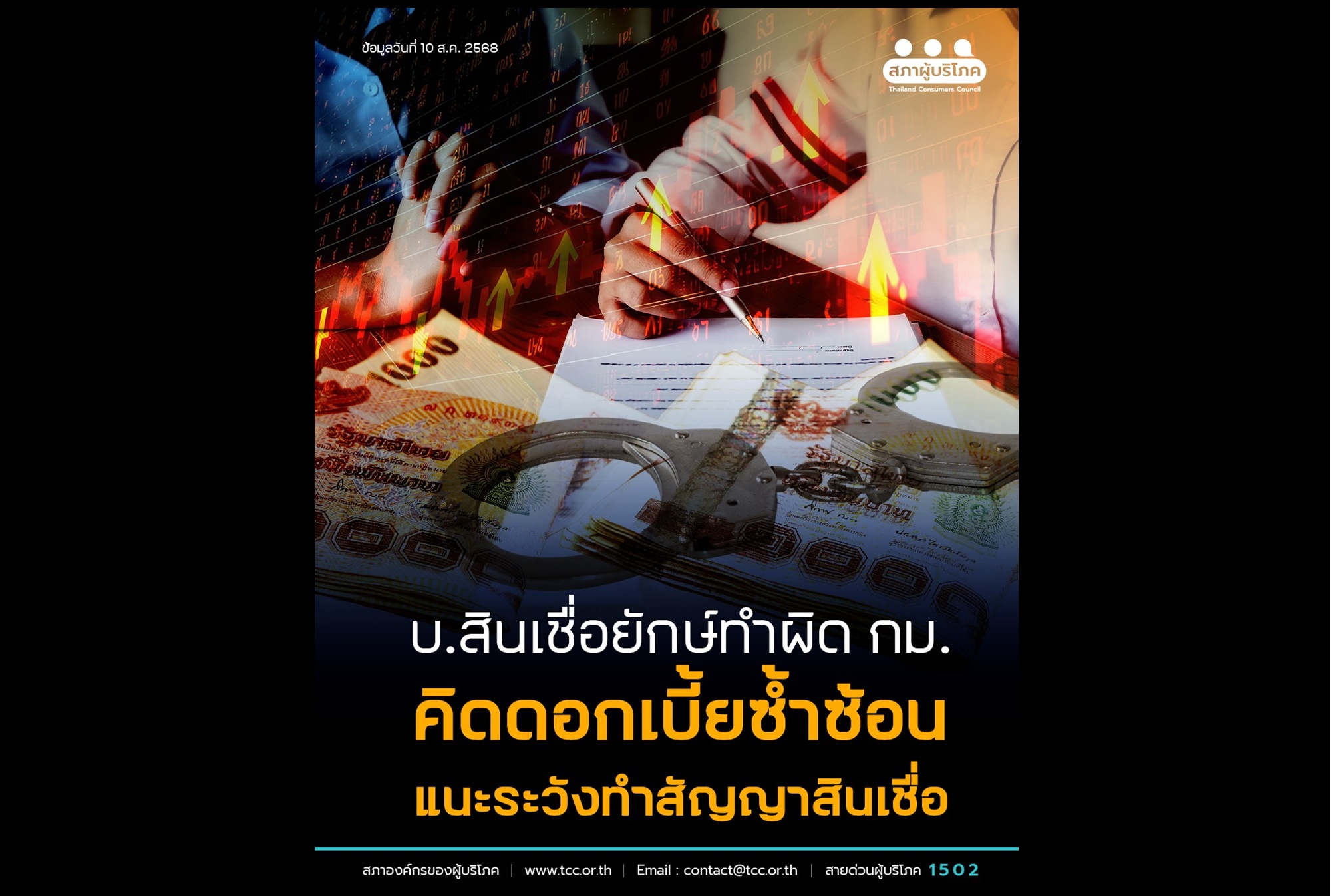 "สภาผู้บริโภค" แนะระวัง! ทำสัญญา สินเชื่อ พบ บ.สินเชื่อยักษ์ ทำผิด กม. คิดดอกเบี้ยซ้ำซ้อน