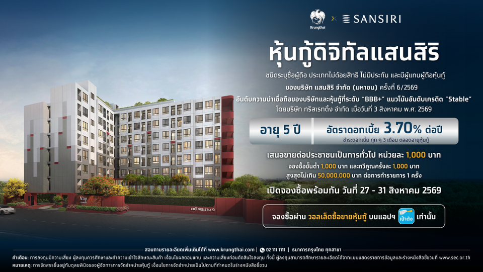 เตรียมจองซื้อ “หุ้นกู้ดิจิทัลแสนสิริ” อายุ 5 ปี ดบ. 3.70% ต่อปี บนแอปฯ เป๋าตัง เริ่ม 27 ส.ค.นี้ 