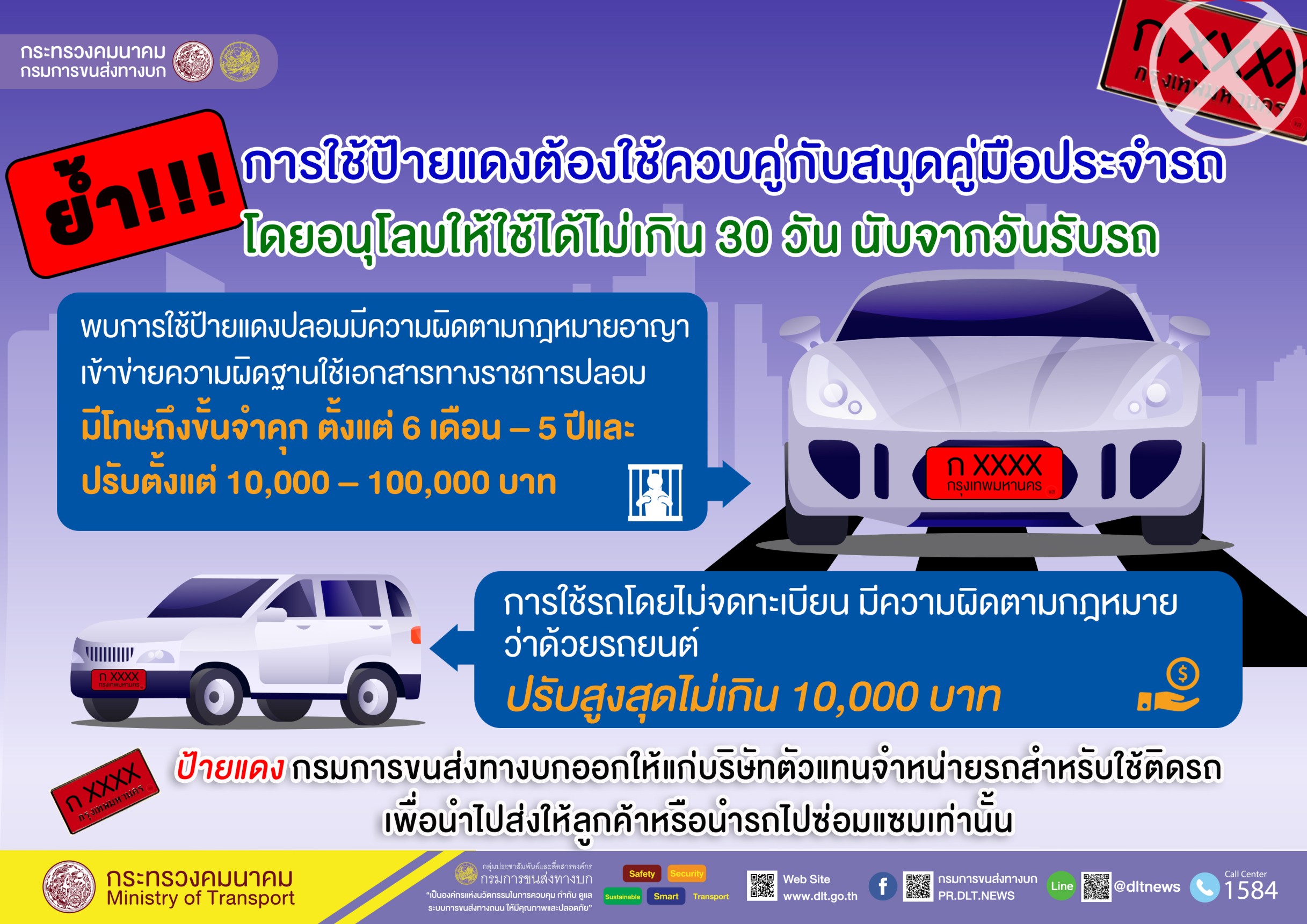 ขนส่งฯย้ำ!ใช้ป้ายแดงต้องคู่กับสมุดประจำรถ ผ่อนผันได้ไม่เกิน 30 วัน ปลอมป้ายปิดกม.ติดคุก