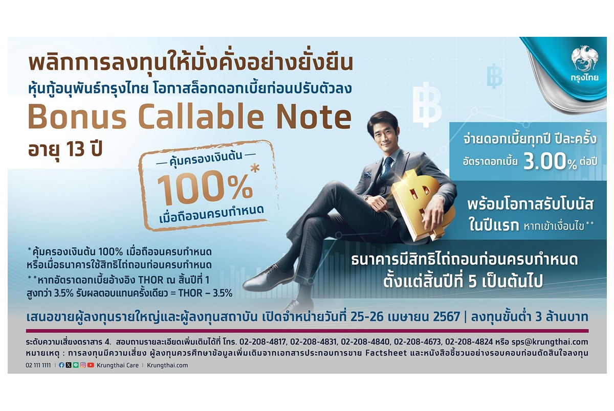 กรุงไทยพลิกโอกาสการลงทุน ล็อกดอกเบี้ยสูง 3.0% กับหุ้นกู้อนุพันธ์กรุงไทย Bonus Callable Note พร้อมโอกาสรับผลตอบแทนโบนัสปีแรก