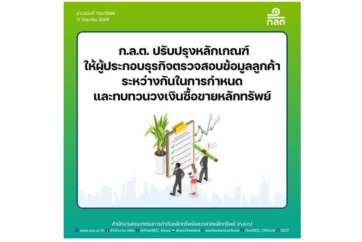 ก.ล.ต.ปรับเกณฑ์ให้ผู้ประกอบธุรกิจตรวจสอบข้อมูลลูกค้าระหว่างกันในการกำหนดและทบทวนวงเงินซื้อขายหลักทรัพย์