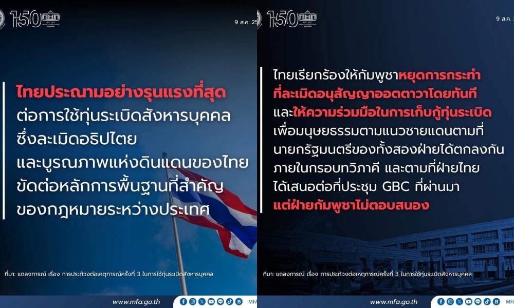 "ไทย" แถลงประณาม "กัมพูชา" อย่างรุนแรงที่สุด ต่อการใช้ทุ่นระเบิดสังหารบุคคล 