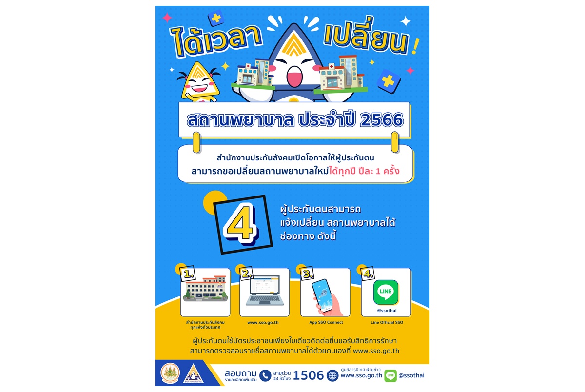"ประกันสังคม" เปิดโอกาสให้ผู้ประกันตนมาตรา 33-39 ประสงค์เปลี่ยน รพ.ในปี 66 เตรียมยื่นเรื่องผ่าน 4 ช่องทาง เริ่ม 16 ธ.ค.นี้