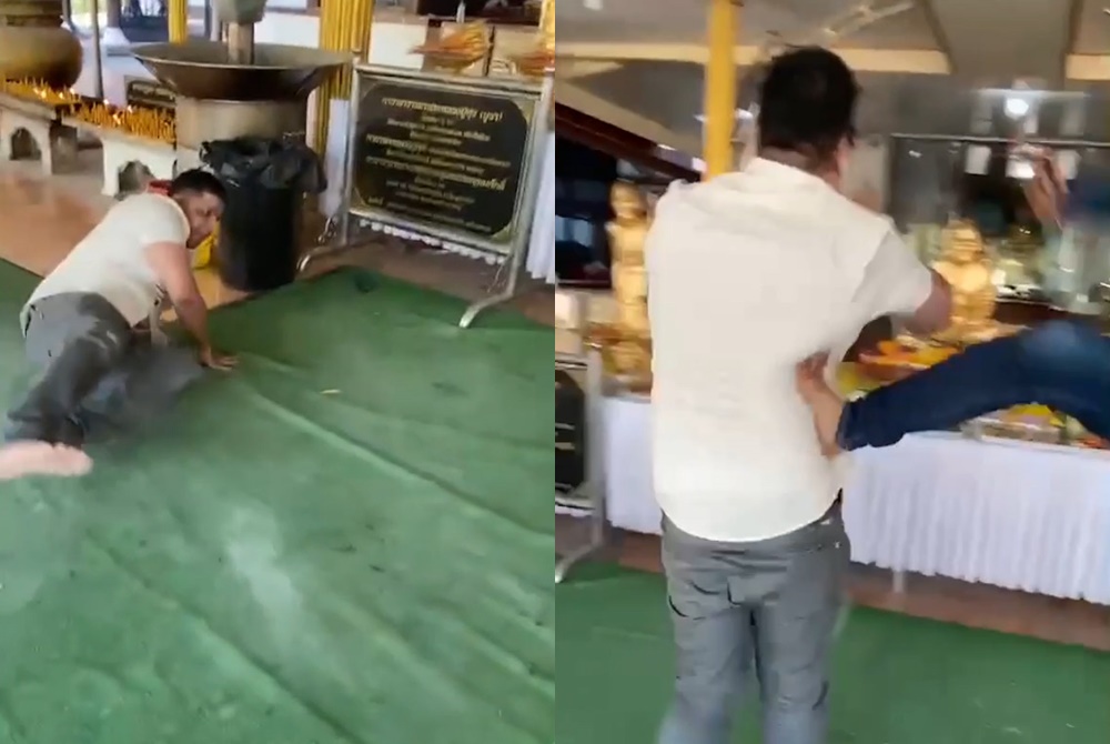 โผล่อีก! คลิป "เค ร้อยล้าน" บุก "วัดหลวงปู่ศุข" ถูกเท้าปริศนาถีบล้มกลางศาลา