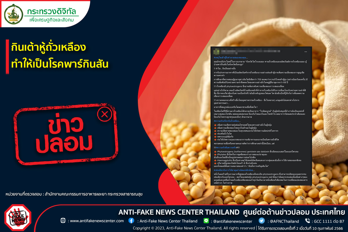 ข่าวปลอม! กินเต้าหู้ถั่วเหลือง ทำให้เป็นโรคพาร์กินสัน