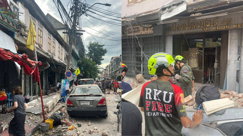 ด่วน! อาคารทรุดตัวใกล้ศาลเจ้าพ่อเห้งเจีย ย่านตลาดน้อย แผ่นปูนชั้น 2 ร่วงทับเสียชีวิต 1 ราย 