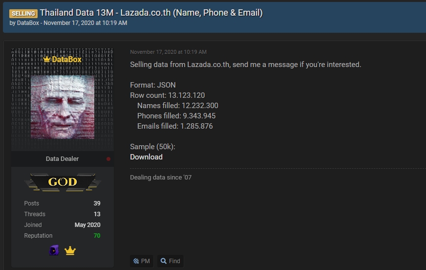 เพจดังระบุ“แฮกเกอร์”ประกาศขายข้อมูลผู้ใช้ Lazada คนไทย 13 ล้านรายในเว็บใต้ดิน ดูฟรี 5 หมื่นราย     