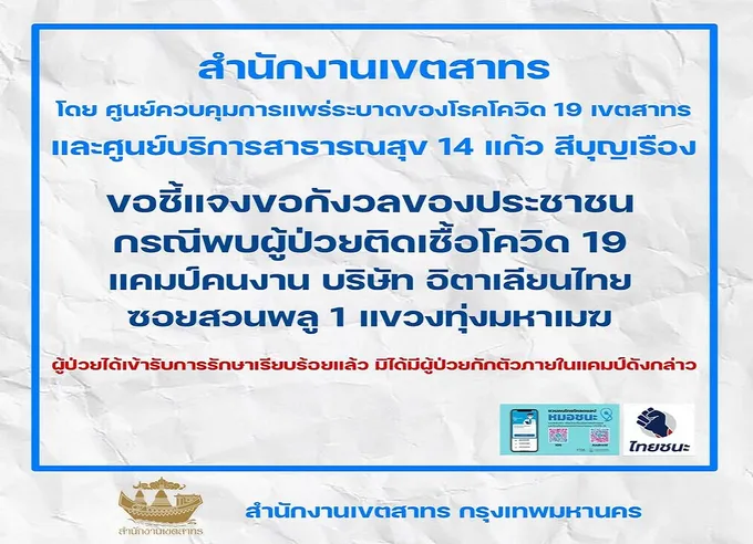 อย่ากลัว! เขตสาทรยัน 14 คนงานอิตาเลียนติดโควิดจริง                                ส่งรพ.แล้วไม่มีกักตัวในแคมป์ 