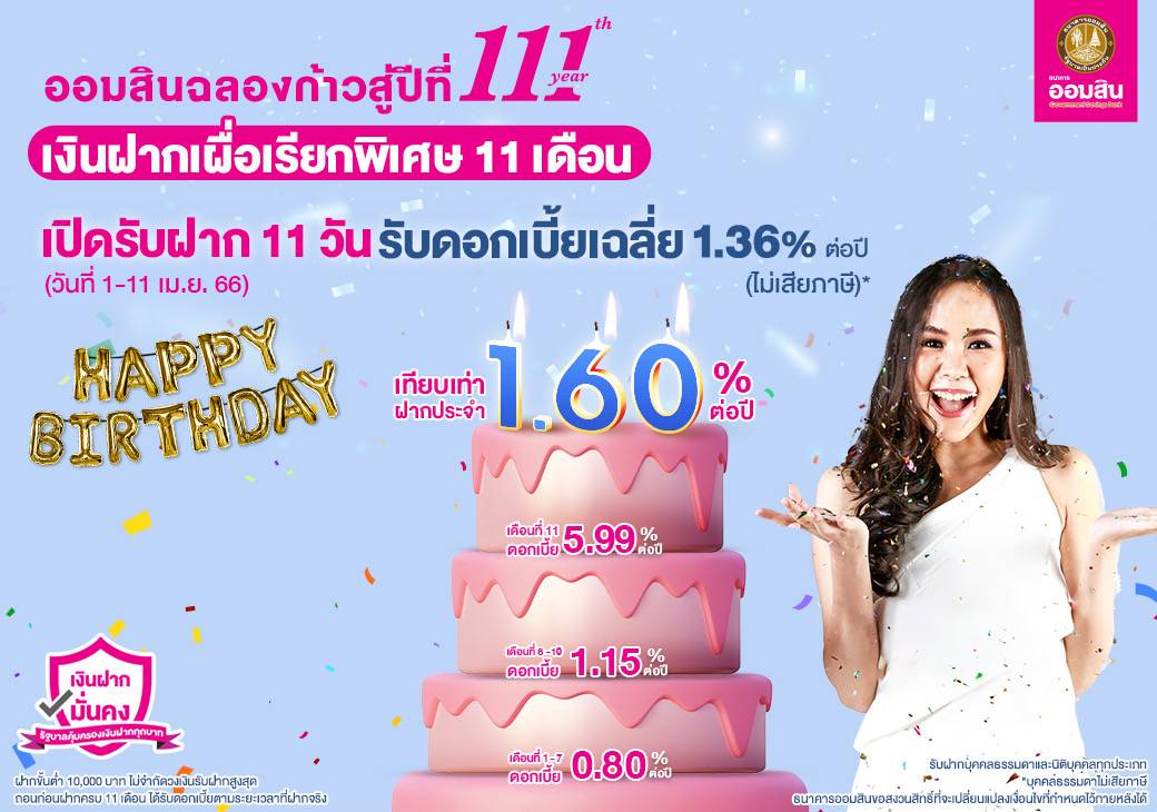 “ออมสิน” จัดเต็มเงินฝากเผื่อเรียกพิเศษ 11 เดือน ดบ.1.6% ต่อปี เปิดรับ1-11 เม.ย.นี้ -เพิ่มเงินรางวัลที่ 1 สลากออมสิน 2 ปีงวดใหม่ เป็น 30 ล. 