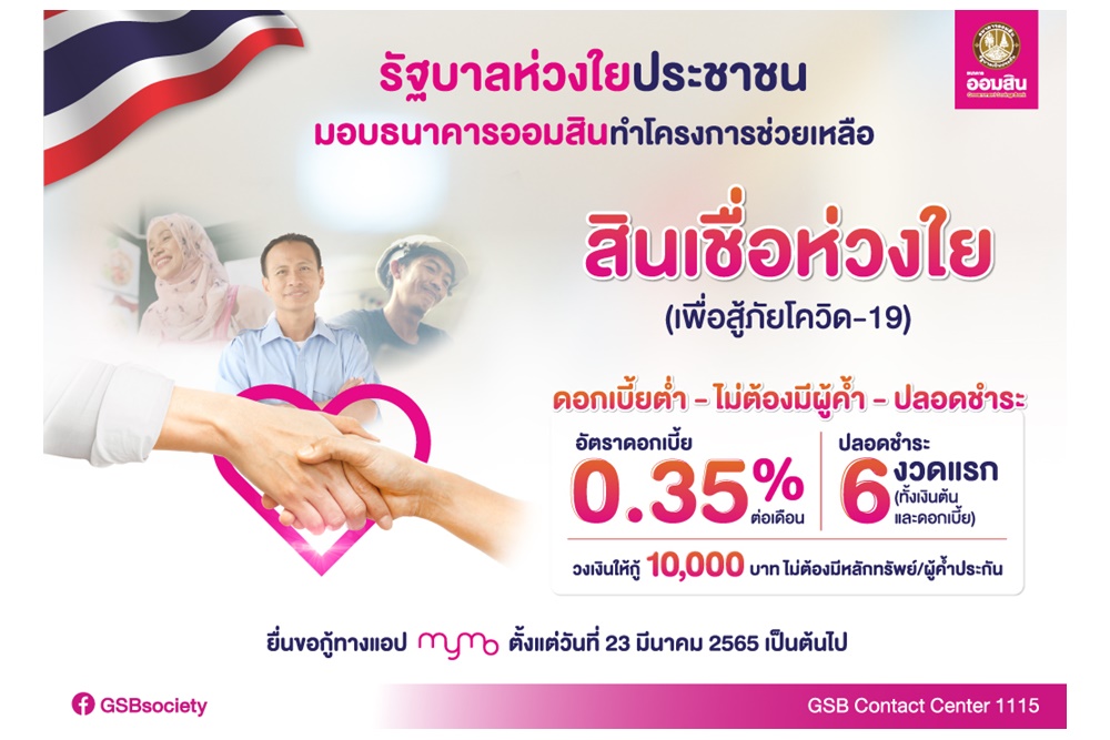ไม่ต้องมีผู้ค้ำ ไม่ต้องผ่อนชำระ 6 งวดแรก ดบ.ต่ำ 0.35% ต่อเดือน กู้สูงสุดหมื่นบาทยื่น "ออมสิน" ได้เลย