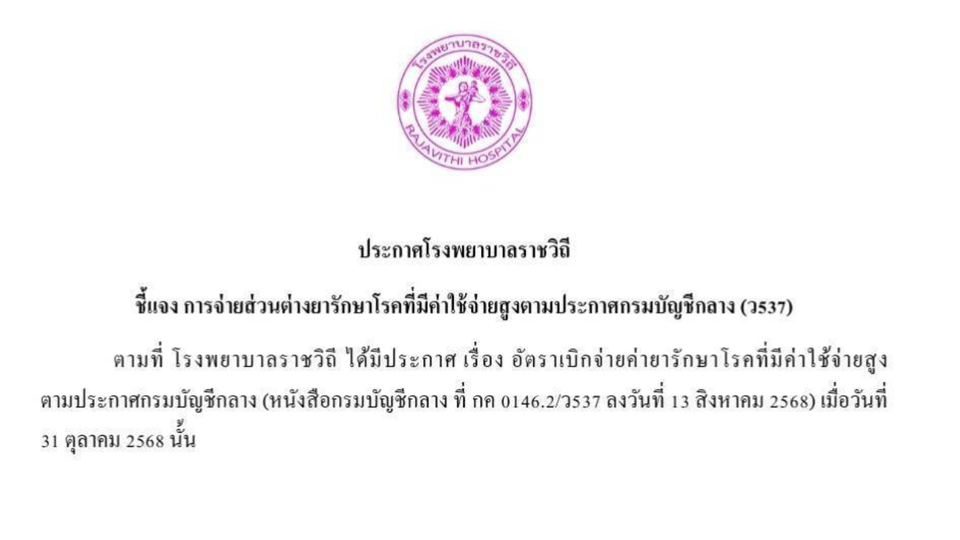 โรงพยาบาลราชวิถีแจงชัด! มีเพียง 8 ยา “จ่ายส่วนต่าง” ตามประกาศกรมบัญชีกลาง ย้ำรักษาเท่าเทียมทุกสิทธิ์