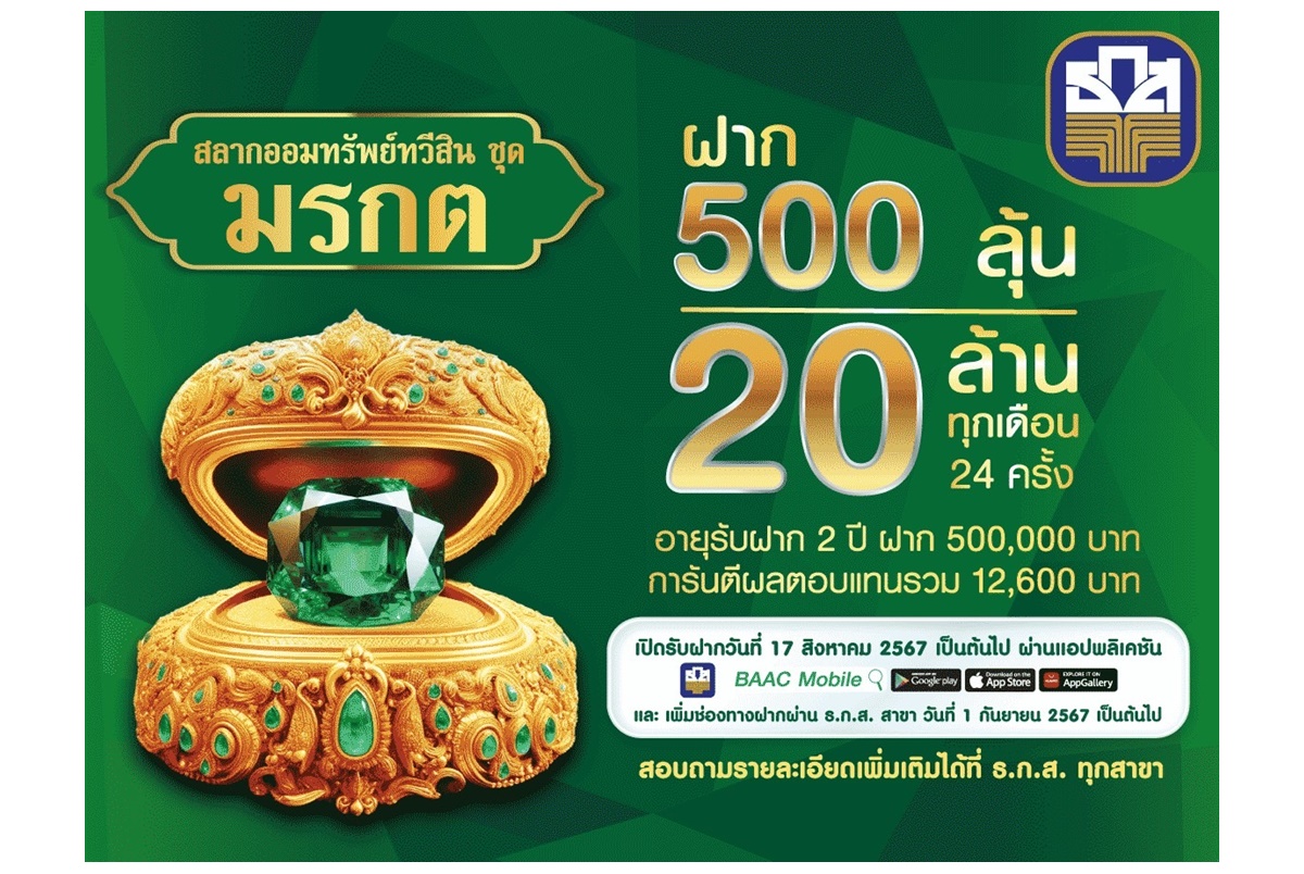 ธ.ก.ส.มอบโชค รวยเหลือแจกกับสลากออมทรัพย์ทวีสิน ชุดมรกต ฝาก 500 ลุ้น 20 ล้านทุกเดือน เปิดรับฝากผ่าน BAAC Mobile 17 ส.ค.นี้
