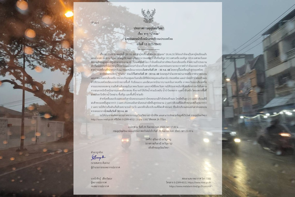 อุตุฯ อัปเดตพายุ “บัวลอย” อ่อนกำลัง “เหนือ–อีสาน–ตะวันออก” เฝ้าระวังน้ำท่วม
