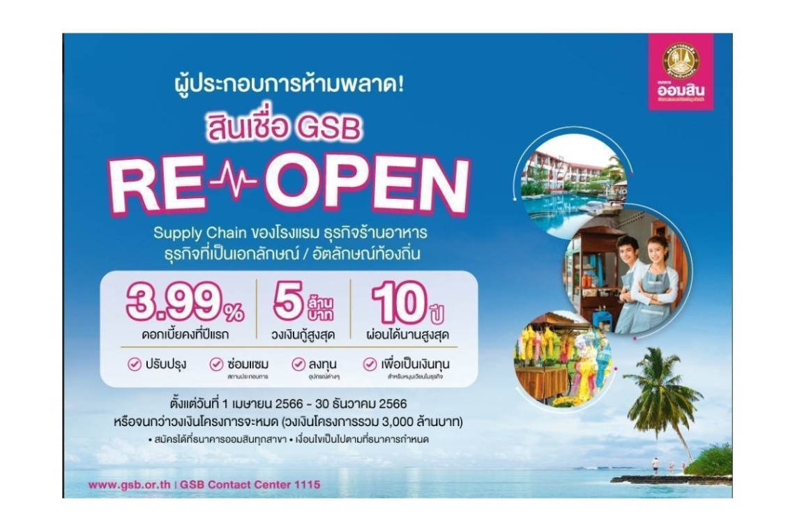 ออมสินเปิดสินเชื่อ Gsb Reopen เฟส 2 วงเงินกู้ไม่เกิน 5 ล้าน ดบ.คงที่ปีแรก  3.99% ปลอดชำระเงินต้น 2 ปี ผ่อนนานสูงสุด 10 ปี - สยามรัฐ