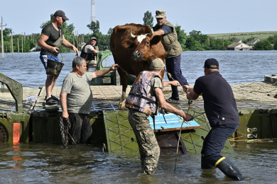 ทหารยูเครนอพยพประชาชนและช่วยกันลำเลียงสัตว์เลี้ยงหนีน้ำท่วมจากเขื่อนแตกไปยังที่สูง (Photo : AFP)