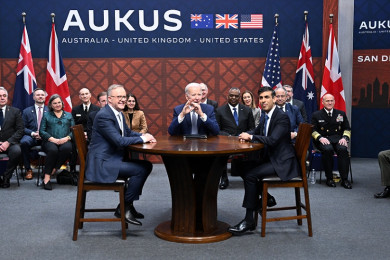 กลุ่มออคัส ที่ประกอบด้วยออสเตรเลีย สหราชอาณาจักร และสหรัฐฯ (Photo : AFP)
