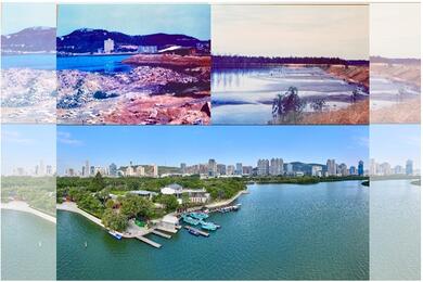 ภาพด้านบนแสดงทะเลสาบหยุนตังที่ถ่ายในช่วงทศวรรษ 1980, ภาพด้านล่างแสดงทะเลสาบหยุนตังและภูมิทัศน์เมืองโดยรอบที่ถ่ายเมื่อวันที่ 24 มกราคม 2567